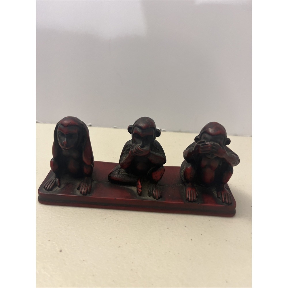 Small Red Wooden Carved No Evil Monkeys From Nepal‎ 6" Long